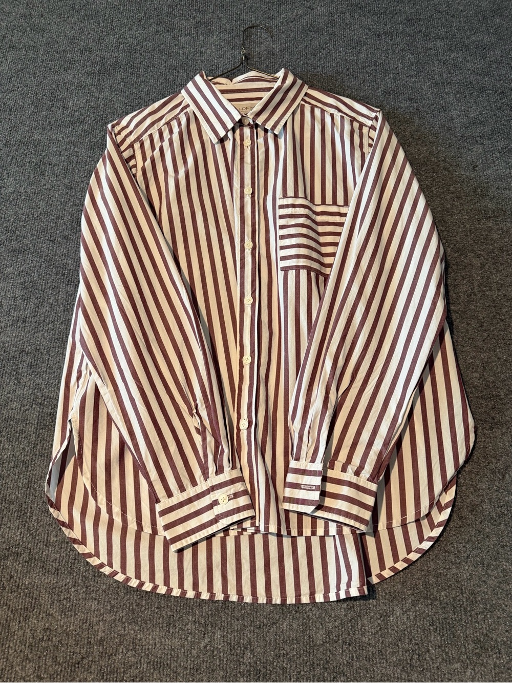 LOFT Burgundy and White Vertical Stripe Button-Down Shirt